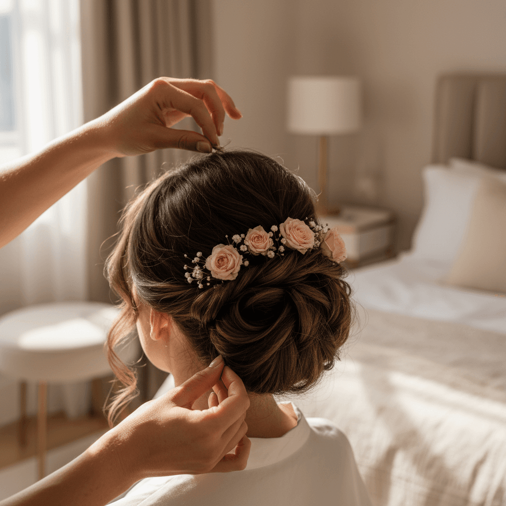 Bridal hair with soft waves and rose details