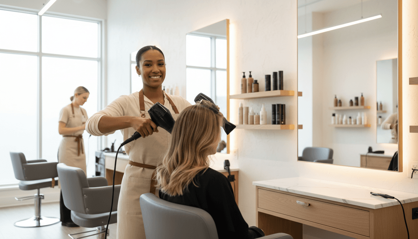 Professional hair stylist styling client hair in bright modern salon